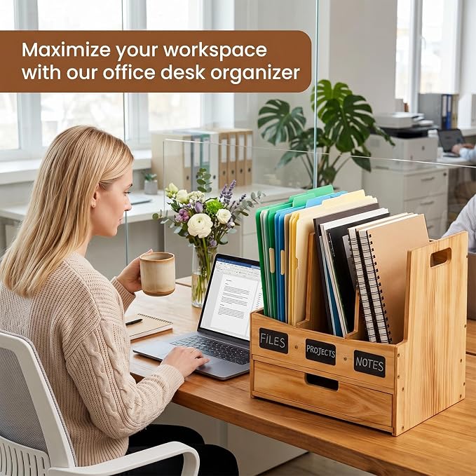 Wood Desk File Organizer, 3-Section Vertical File Holder - Image 5