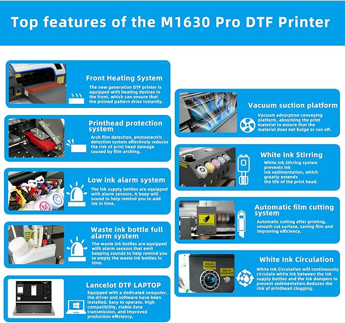 Lancelot Auto-Maintenance M1630 Pro-DTF Printer Machine-Doubled Speed Over L1800 with Auto-Powder Shaker Dryer,White Ink Circulation & Auto-Film Cutter,DTF Printer Bundle for T Shirt Printing-DeskLoop Office