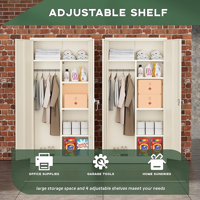 Greenvelly Metal Wardrobe Cabinet with Lock Door, 72" Metal Wardrobe Closet with Hanging Rods and Adjustable Shelves, Clothing Storage Closet Cabinet for Home, Office, Employee, Gym (Grey)-DeskLoop Office