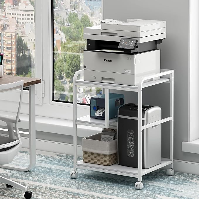 Large Printer Stand Table with Storage Shelf for Host Computer, PC Tower, CPU and Shredder, 3 Tier Rolling Printer Cart with Wheels for Home Office Storage and Organization - White-DeskLoop Office