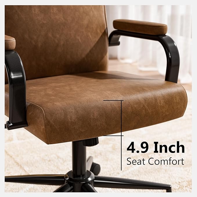 Brown Leather Office Chair with Wheels, Memory Foam Height Adjustable Computer Deak Chair, Rolling Swivel Executive Chair for Home Office-DeskLoop Office