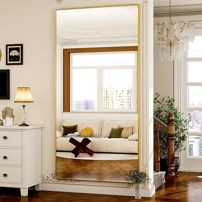 GLSLAND-38 x 77" Rectangular Full Length Mirror - Large Floor Mirrors Aluminum Alloy Frame Full Body Dressing Mirror for Bedroom, Living Room,Gold-DeskLoop Office