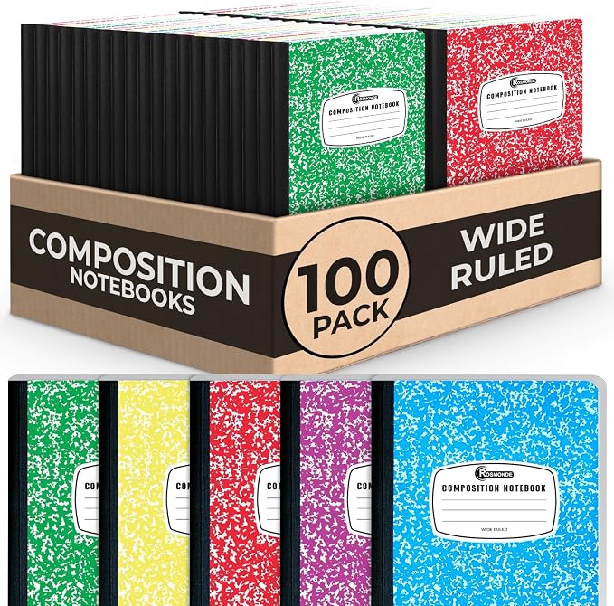 Rosmonde 100 Pack Bulk Composition Notebooks, Wide Ruled, 200 Pages, 9-3/4 x by Rosmonde