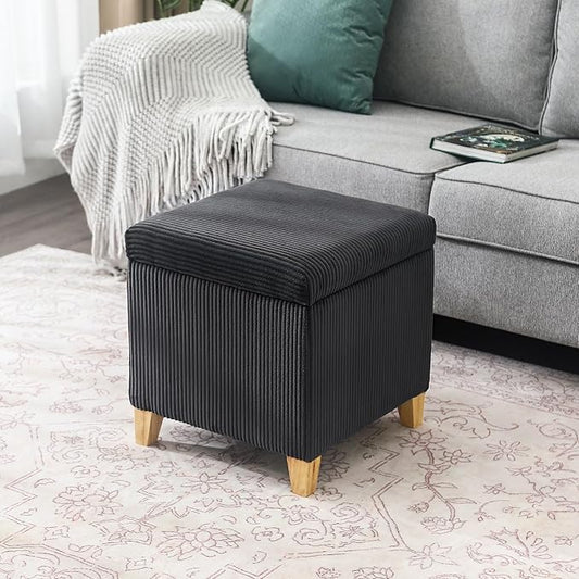 Adeco 18 Inch High Faux Fur Grey Cube Ottoman Storage, Fluffy Striped Velvet Chair Foot Stools, Small Bench Upholstered Vanity Stool with Hinged Lid, Solid Wood Legs-DeskLoop Office