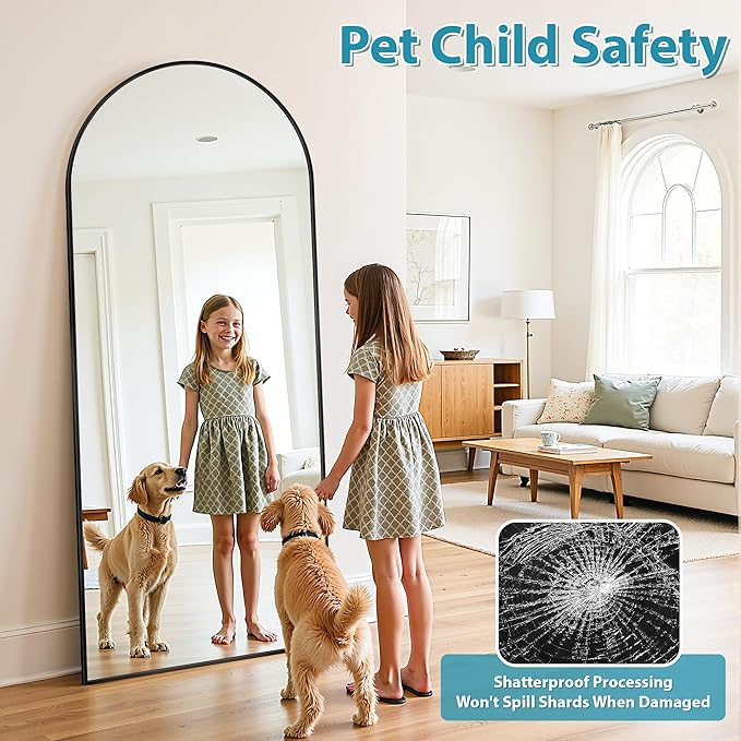 Full Length Mirror, 71"x28" Oversized Floor Mirror Freestanding, Full Body Mirror Floor Standing Mirrors with Stand, Hanging Mounted Mirrors for Bedroom Living Room, Black, Arched Style-DeskLoop Office