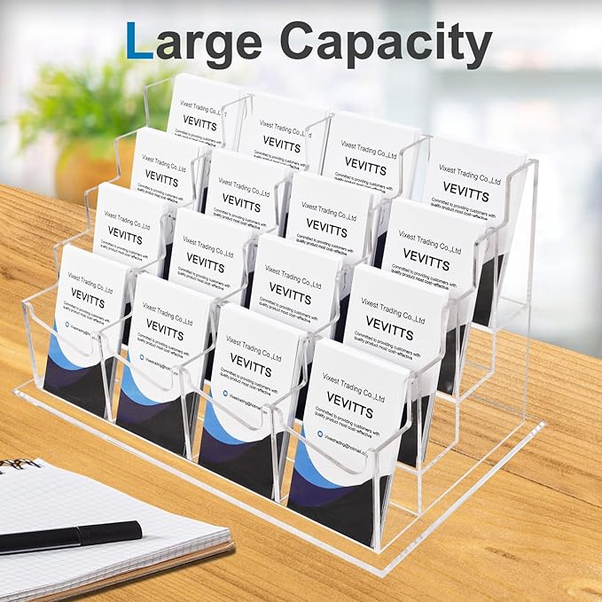 Clear Vertical Business Card Holder for Desk, Office Acrylic Business Card Display Holder Desktop Organizer Storage Cards Holders, Clear 4 Tiers 16 Pockets-DeskLoop Office