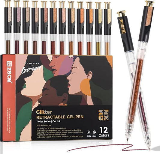 Retractable Glitter Gel Pens, 12 Colors Large Capacity Skin Tone Glitter by ZSCM