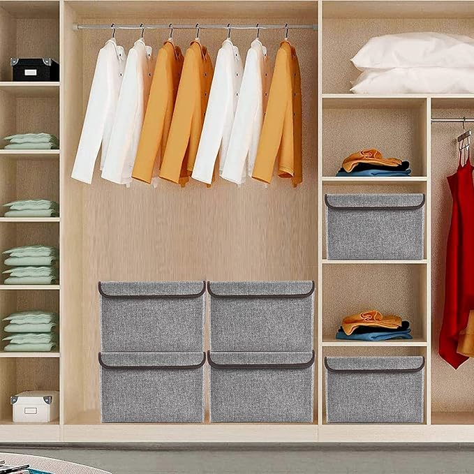 Large 22 Quart Linen Fabric Foldable Storage Bin Cube Organizer Basket with Flip-Top Lid & Handles, Clothes Blanket Box for Home, Office, Closet, Gray, 4 Pack 14.6 x 9.5 x 9.5”-DeskLoop Office
