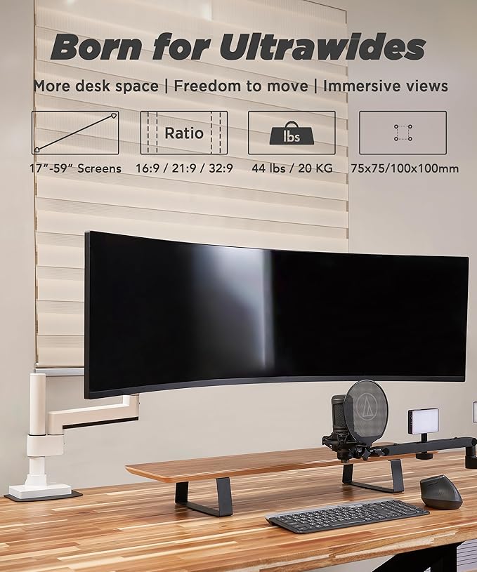 Heavy Duty Monitor Arm for Ultrawide Monitors up to 57" and 44 lbs, Single Desk Stand, Pneumatic Height Adjustable, Modular Extension Arms - Max VESA 100x100, White, MA20PW-S-DeskLoop Office