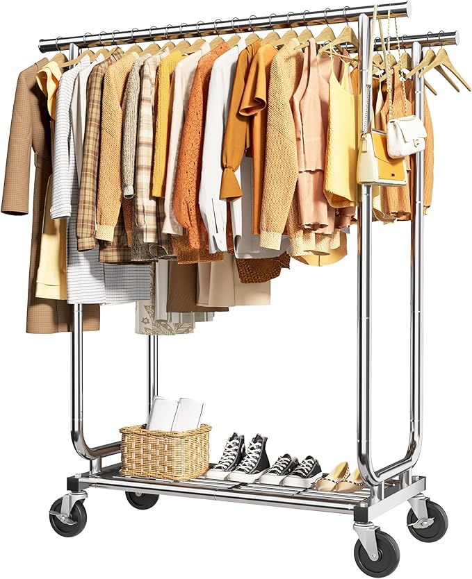 Heavy-Duty Clothes Rack - Double-Rod Stainless Steel Garment Rack with 4-inch Lockable Wheels, Clothing Racks for Hanging Clothes in Bedroom, Laundry Room, 43.3"×16.5"×61.0", Silver-DeskLoop Office