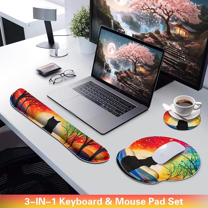 Mouse Pad with Wrist Rest Cute Black Cat Set, Qomolama 3-in-1 Wrist Support - Image 2