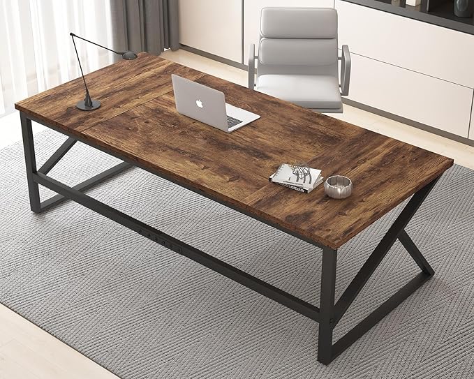 HSH Large Rustic Brown Computer Desk, 70 Inch Home Office Metal Wood Desk for 2 Person, Farmhouse Extra Long Writing Study Gaming Table, Bedroom Living Room PC Laptop Dual Monitor Desk-DeskLoop Office