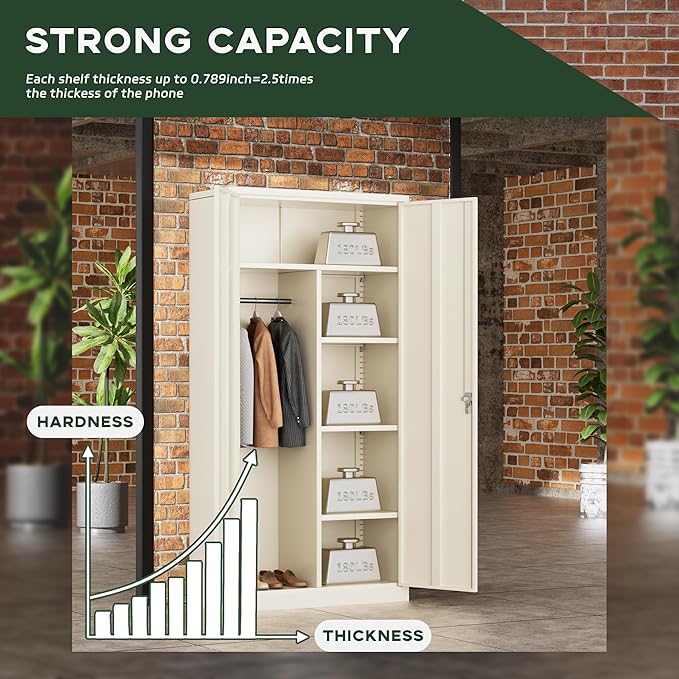Greenvelly Metal Wardrobe Cabinet with Lock Door, 72" Metal Wardrobe Closet with Hanging Rods and Adjustable Shelves, Clothing Storage Closet Cabinet for Home, Office, Employee, Gym (Grey)-DeskLoop Office