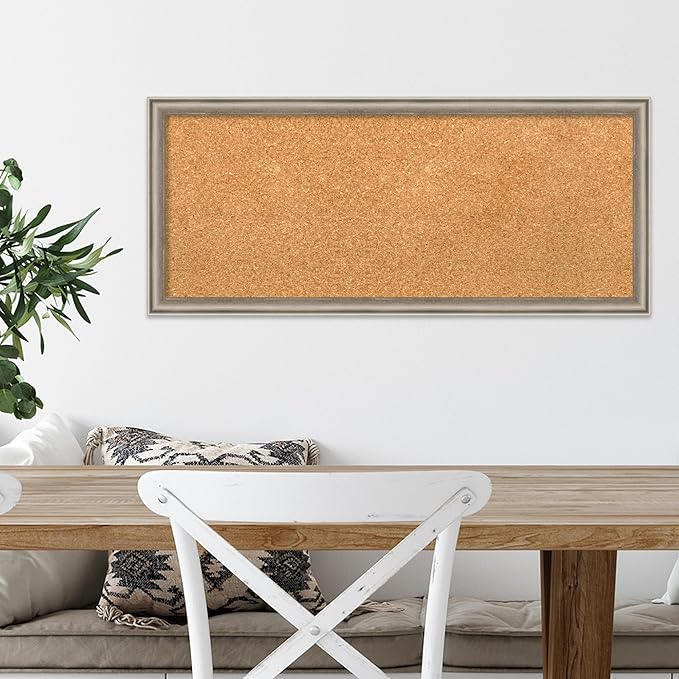 Amanti Art Natural Cork Board for Wall, 14x32 Vision Board with Silver Wood Frame, Medium Corkboard Office Decor for Home Organization, Casual Corkboard Pinboard to display items for home organization-DeskLoop Office
