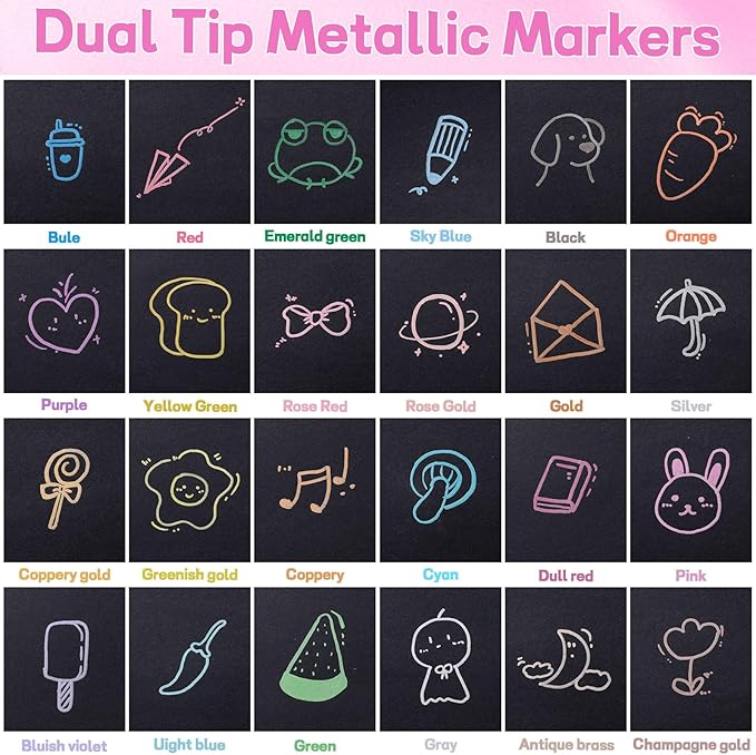 24 Pack Metallic Markers, Dual Tip Glitter Pens for Black Paper & Rock Painting Metallic Acrylic Paint Markers for DIY Crafts, Scrapbooking, Glass, Wood, Cards Alcohol Based Quick Dry Ink-DeskLoop Office