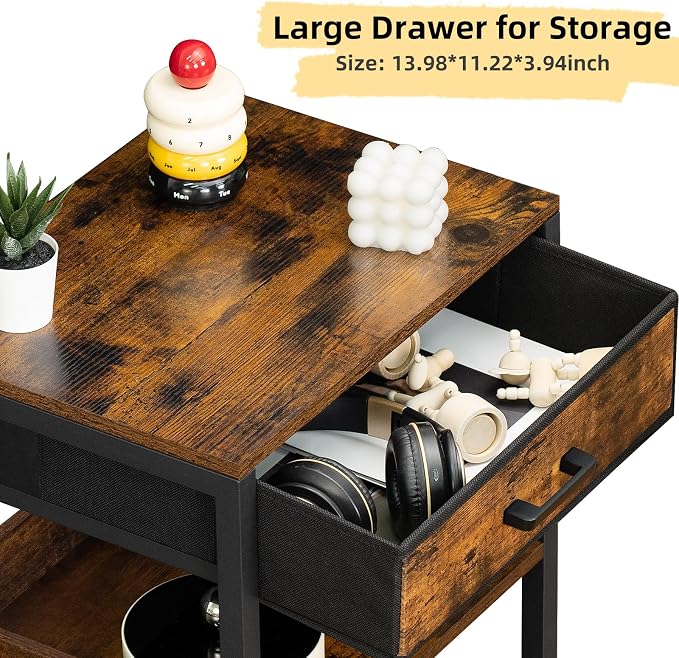 Lerliuo End Table with Fabric Drawer, 3 Tier Industrial Wood Side Table with - Image 6