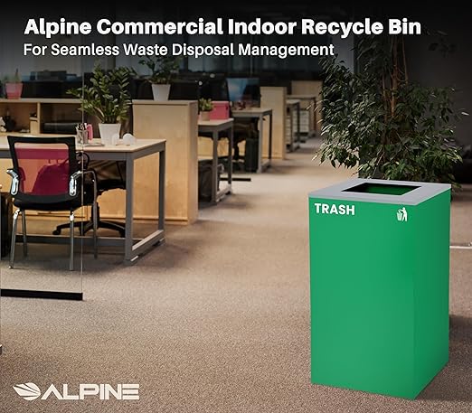 Alpine Commercial Indoor Recycle Bin - 29 Gallon Modern Looking Green Recycle Bin, Office Recycling Bins, Metal Trash and Recycling Container with Stickers & 3 Optional Lids (lid Sold Separately)-DeskLoop Office