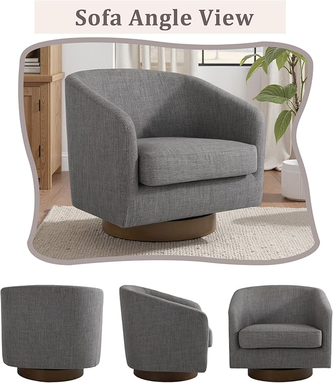 UIXE Swivel Accent Chair with Wood Base, Fabric Upholstered Barrel Chairs for Living Room, Comfy Round Armchair Single Sofa Bedroom Reading Seat - 31" W, Gray-DeskLoop Office