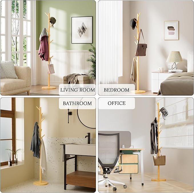 Wooden Coat Rack Freestanding with Round Base, Adjustable 4 Heights Sturdy Coat Hanger Stand 9 Hooks for Hanging Bags, Hats, Save Space Coat Tree for Narrow Place, Entryway, Bedroom, Office (Natural)-DeskLoop Office