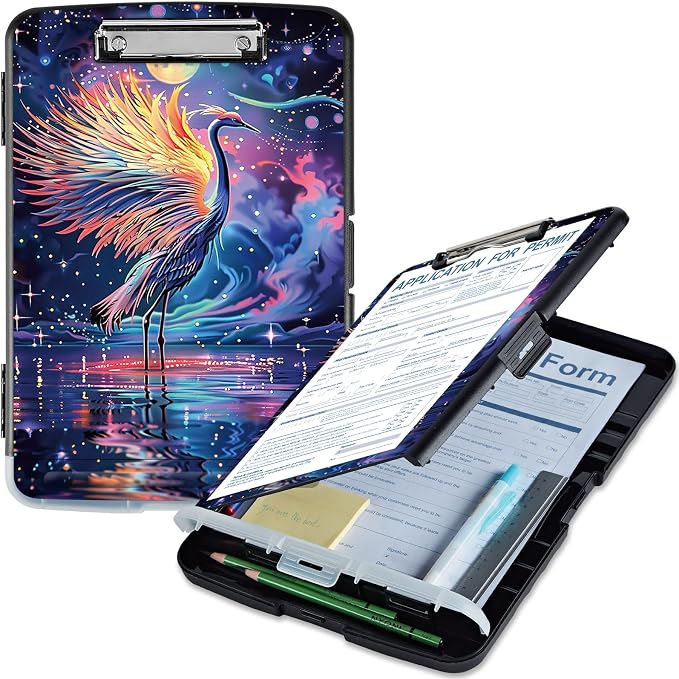 Clipboard with Storage, High Capacity Crane Bird Storage Clipboard 9.5x14 with by Qindaiwen
