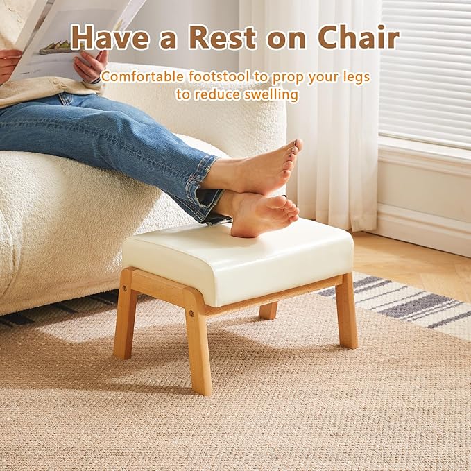 IBUYKE 10.2” H Small Foot Stool Ottoman, Rectangle PU Faux Leather Foot Rest with Padded Seat and Wood Legs, Modern Accent Ottoman Foot Rest for Living Room Bedroom Couch Office, White WBD013W-DeskLoop Office