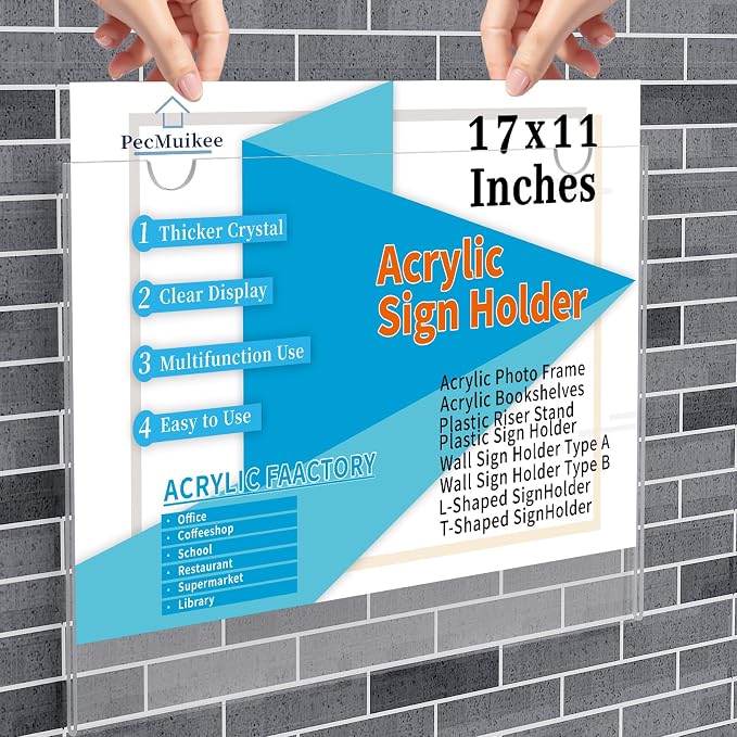 PecMuikee Acrylic Sign Holder 17 x 11 Inch, Wall Mount Sign Holders Clear - Image 5