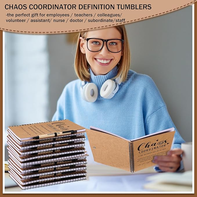 Nezyo 10 Sets Chaos Coordinator Gifts Employee Appreciation Week Notebook with Ballpoint Pen Spiral Notebook Teacher Appreciation Gifts Bulk for Women Men Journals Thank You Cowerker (Brown)-DeskLoop Office
