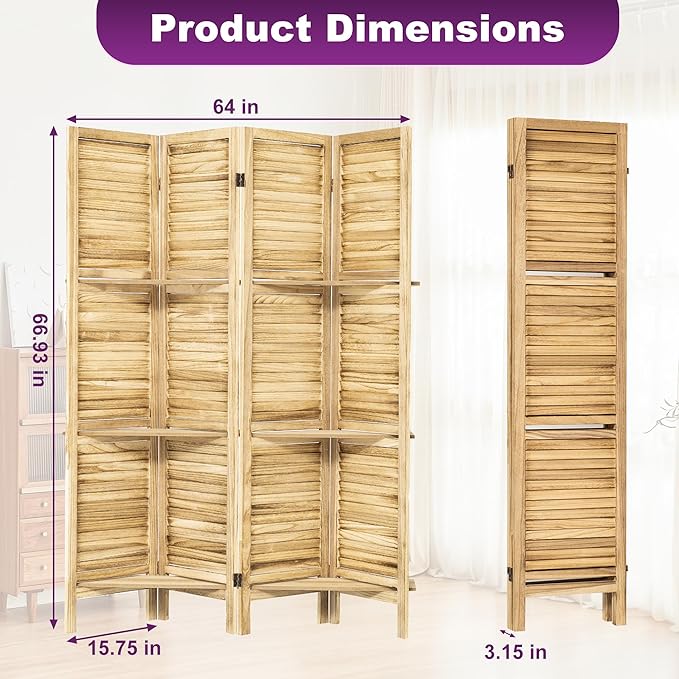 Room Divider with Shelves, 5.6FT Folding Room Divider Panel, 4 Panel Wood Partition Wall Divider for Room Separation, Natural Wood-DeskLoop Office