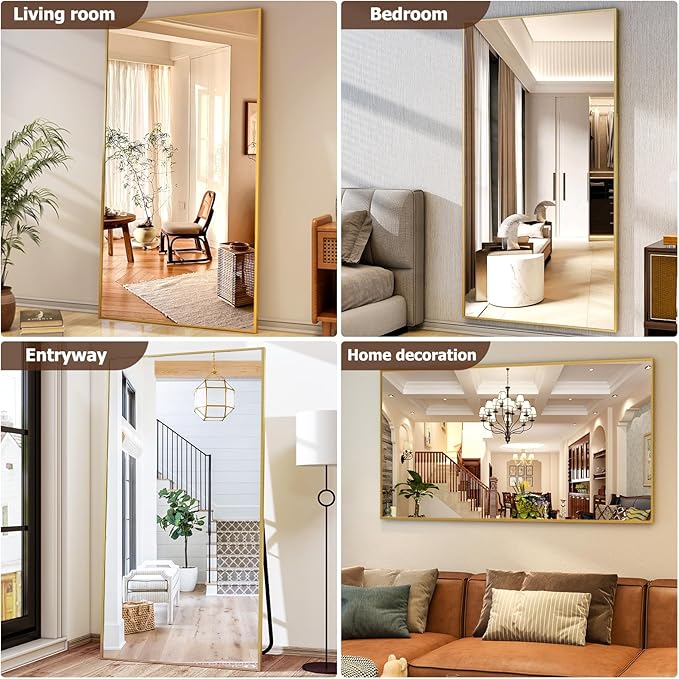 Full Length Mirror with Stand 38"x77" Full Body Mirror Floor Mirror Standing Hanging or Leaning Wall, Wall Mirror with Stand Aluminum Alloy Frame for Living Room Bedroom Cloakroom,Gold-DeskLoop Office