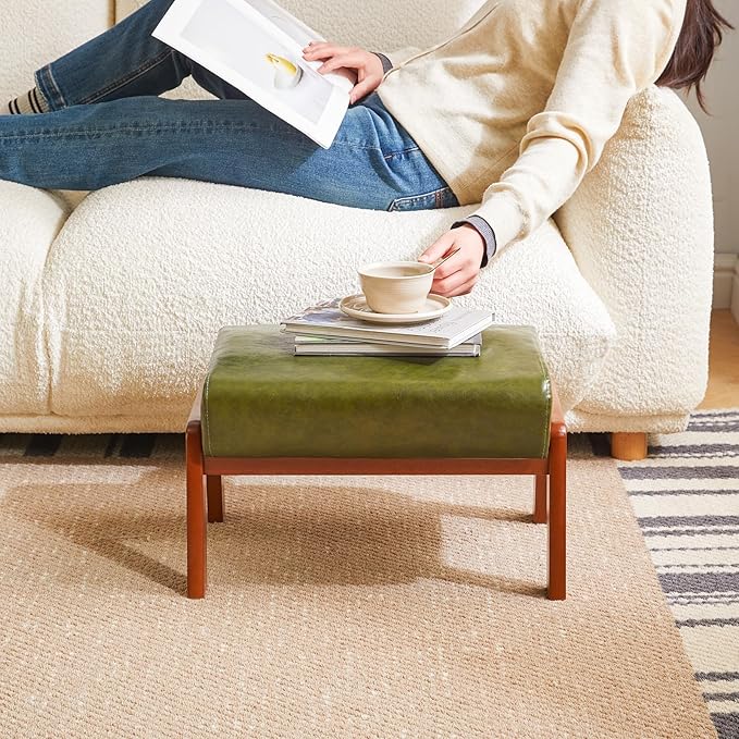 IBUYKE 10.2” H Small Foot Stool Ottoman, Rectangle PU Faux Leather Foot Rest with Padded Seat and Wood Legs, Modern Accent Ottoman Foot Rest for Living Room Bedroom Couch Office, Dark Green WBD013GR-DeskLoop Office
