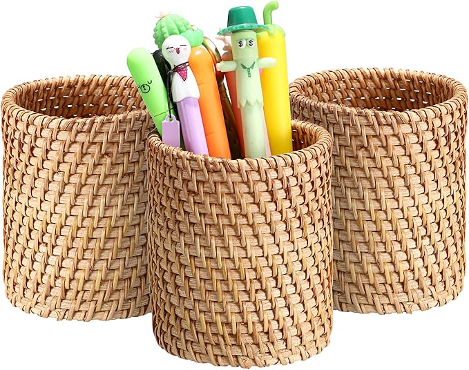 BTSKY 3 Pack Rattan Pen Cup, Handmade Desk Pencil Holders Makeup Brush Holder by BTSKY