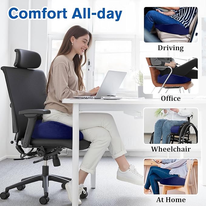 Seat Cushion, Gel Chair Cushions, Office Chair Cushions, Anti-Slip Bottom & Removable Cover Tailbone Pain Relief Cushion, Memory Foam Seat Cushion, 5.28 in Thick (Blue)-DeskLoop Office