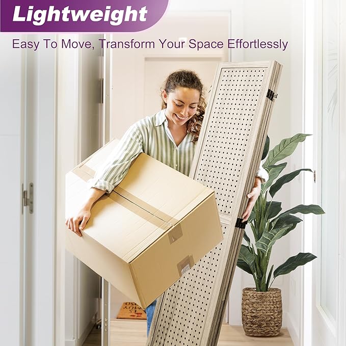 Room Divider, 5.6FT Folding Room Divider Panel, 4 Panel Pegboard Display Wood Partition Wall Divider for Room Separation& Craft Shows, Natural Wood-DeskLoop Office