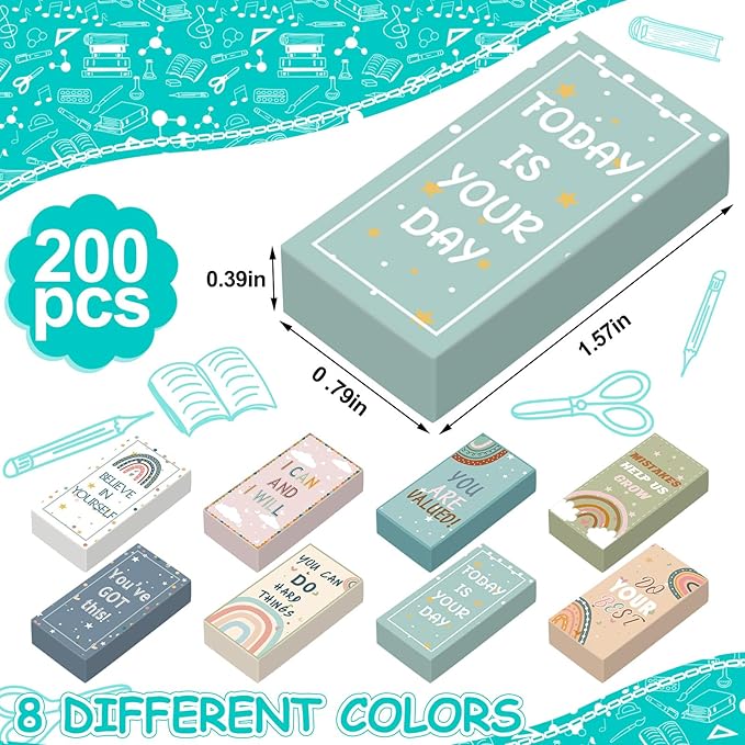 200 Pcs Back to School Inspirational Erasers Bulk Gifts Boho Everyone is Welcome Classroom Decor Fun Rainbow Motivational Pencil Erasers for Classroom Office Teacher Artists Prize Reward-DeskLoop Office