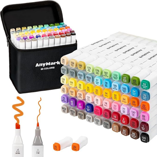 AnyMark Alcohol Markers, 60 Colors Dual Tip Art Coloring Markers Set by AnyMark