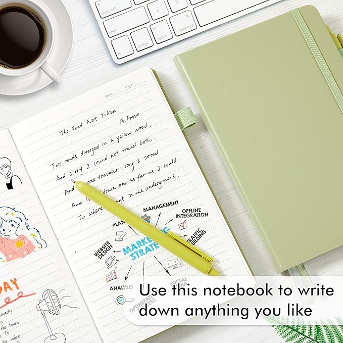 feela 5 Pack Notebooks Journals Bulk, Hardcover Classic Ruled Lined Journals with Pen Holder for Women Girls School Business Supplies, with 5 Black Pens, 120 GSM, 5.1”x8.3”, A5, Avocado Green-DeskLoop Office