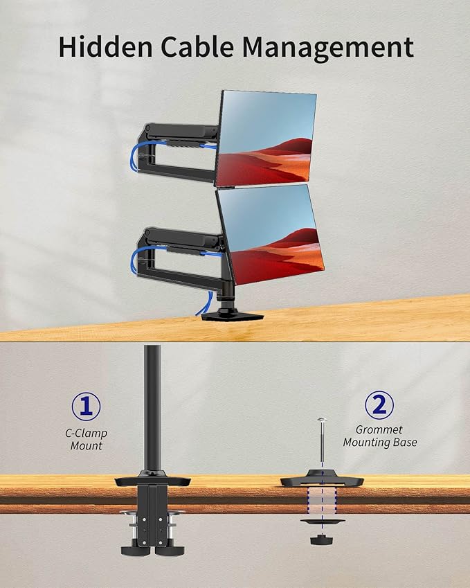 Dual Monitor Mount, Holds Screens up to 40 Inches and 25 lbs, Fully Adjustable Dual Monitor Arm with C-Clamp and Grommet Base, Aluminum, Black-DeskLoop Office