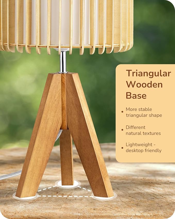 EDISHINE 14.17" Small Table Lamp, Wood Tripod Bedside Lamp, Natural - Image 3