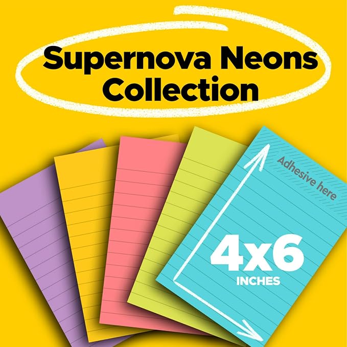 Post-it Super Sticky Notes, 4 x 6 in, Supernova Neons, 5 Lined Pads | School - Image 2