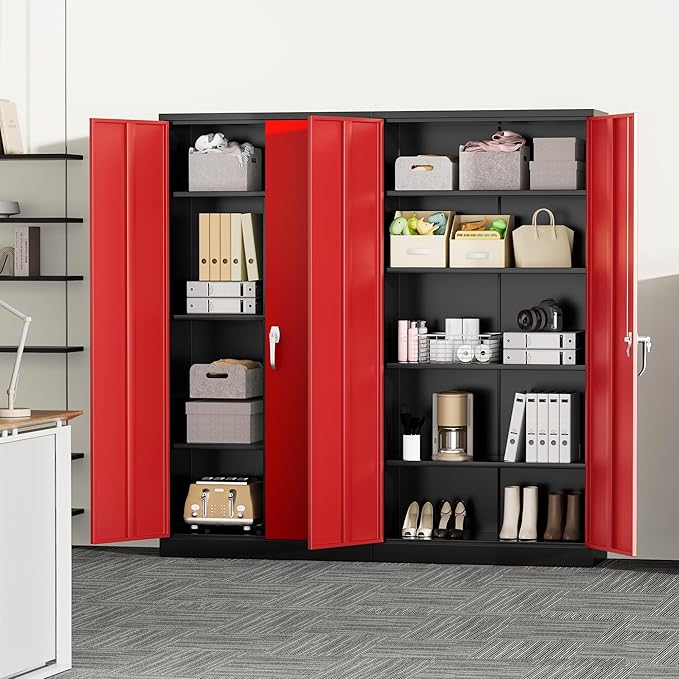 Greenvelly Metal Garage Storage Cabinet with Lock, 72" Metal Storage Cabinet with 2Doors and 4Adjustable Shelves, for Home Office, School,Gym (Black&Red)-DeskLoop Office