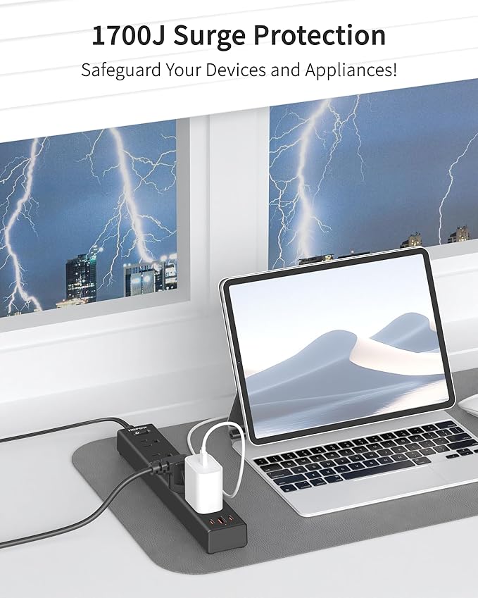 2 Prong Power Strip, 2 to 3 Prong Outlet Adapter with Polarized Plug, 1700J Surge Protector, 6ft Two Prong Extension Cord, 5 AC Outlets & 3 USB(5V 3.4A Max), Wall Mount for Non-Grounded Outlet-DeskLoop Office