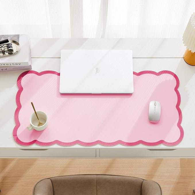 Scalloped Desk Mat, 31.5" x 15.7" Hot Double Pink Large Cute Aesthetic Desk - Image 3
