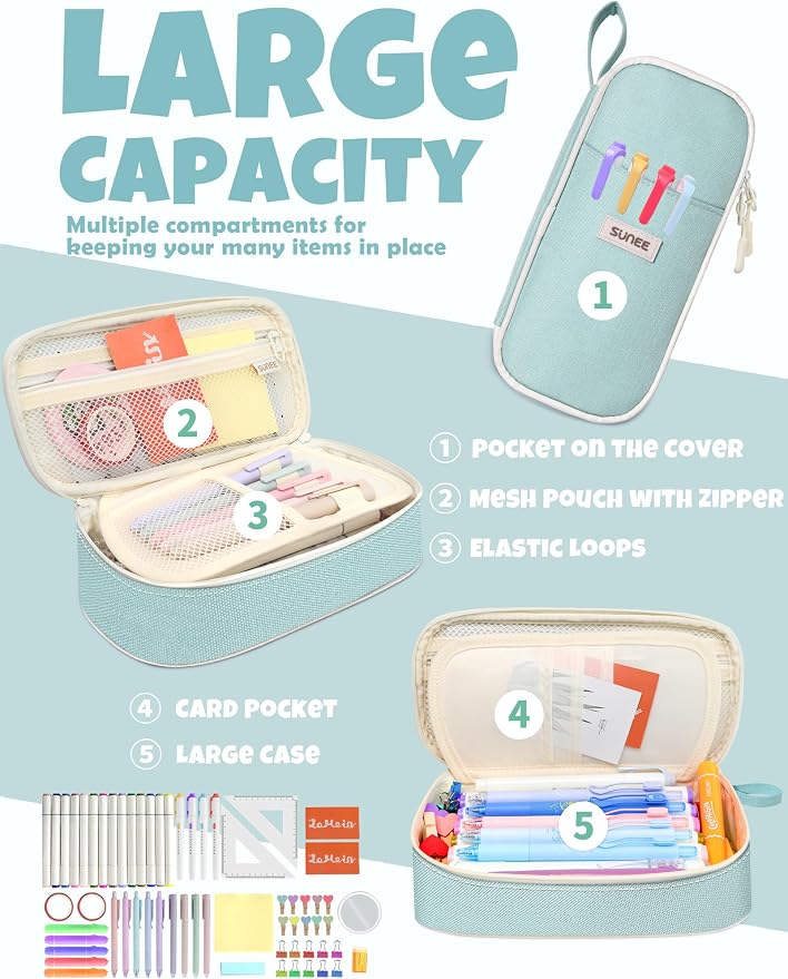 SUNEE Cute Pencil Case, Aesthetic Pen Pouch, Colored Large Pencil Bag - Image 2