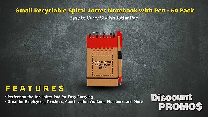DISCOUNT PROMOS 50 Recyclable Spiral Small Notebooks Pack - Customizable Text, Logo - 60 Lined Pages - Red