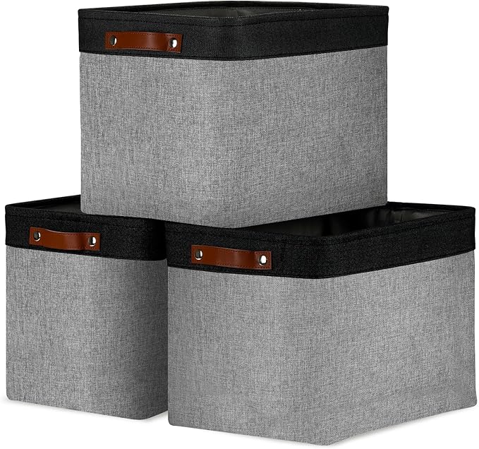 DULLEMELO Fabric Storage Bins - Decorative Large Baskets for Home Shelves & Bedroom, Canvas Toy Organizers (Black & Gray)-DeskLoop Office