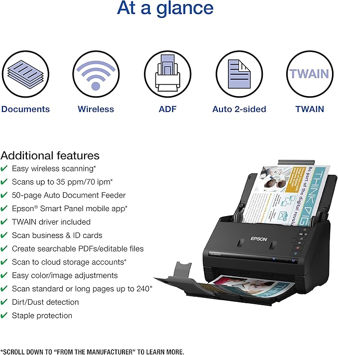 Epson Workforce ES-500W II Wireless Color Duplex Desktop Document Scanner for PC and Mac, with Auto Document Feeder (ADF) and Scan from Smartphone or Tablet (Renewed)-DeskLoop Office