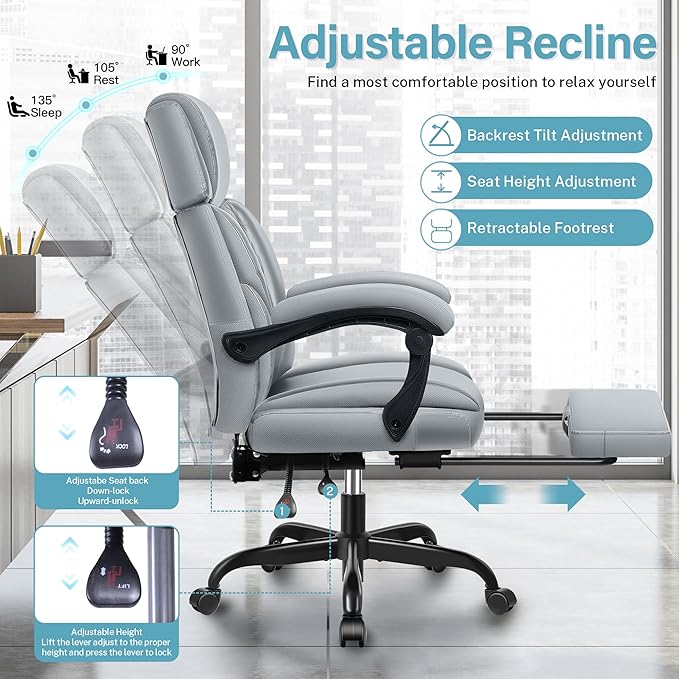 Executive Leather Office Chair, Big and Tall Desk Chair with Footrest Home Office Desk Chairs, Ergonomic Computer Desk Chair with Lumbar Support, Reclining Chair with Adjustable Angle-DeskLoop Office