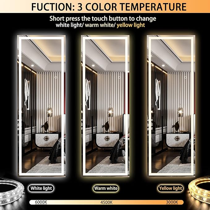 Hasipu Full Length Mirror with Lights, 56" x 15.8" LED Floor Mirror, Full Body Dressing Standing, Hanging Mounted Mirror for Living Room Bedroom Cloakroom, Square Black-DeskLoop Office