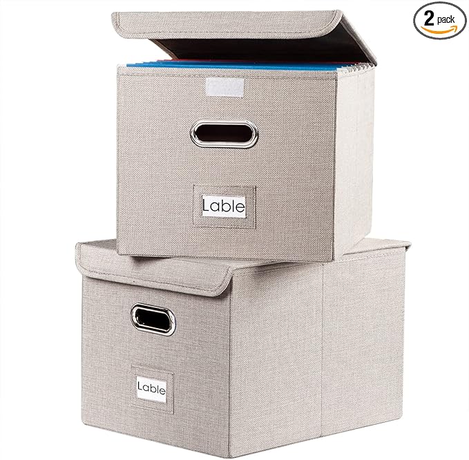PRANDOM File Organizer Box - Set of 2 Collapsible Decorative Linen Filing Storage Hanging File Folders with Lids Office Cabinet Letter Size Light Grey (15x12.2x10.75 inch)-DeskLoop Office