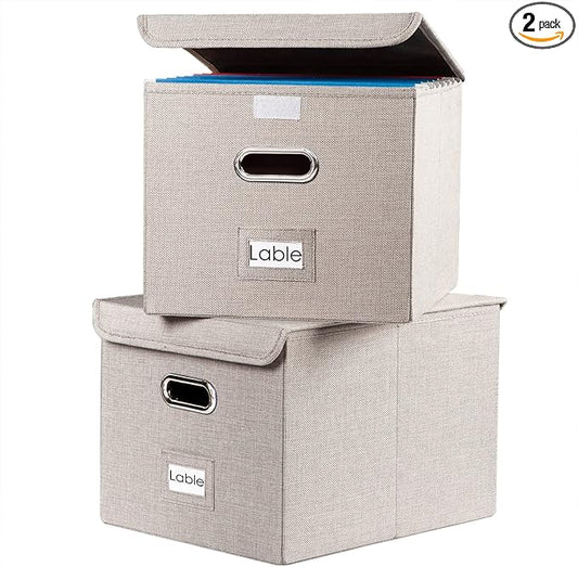PRANDOM File Organizer Box - Set of 2 Collapsible Decorative Linen Filing Storage Hanging File Folders with Lids Office Cabinet Letter Size Light Grey (15x12.2x10.75 inch)-DeskLoop Office